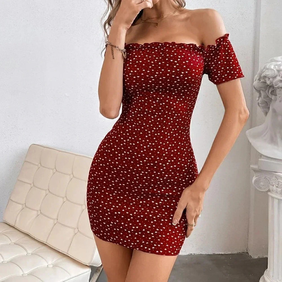Burgundy Boho Women Heart Print Off Shoulder Frill Trim Knitted Bodycon Dress - Picture 4 of 5